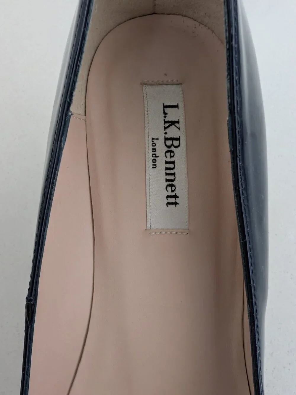 L.K. Bennett Edee Peep-Toe Patent Leather Espadrille Wedge–Navy Blue–US 9.5